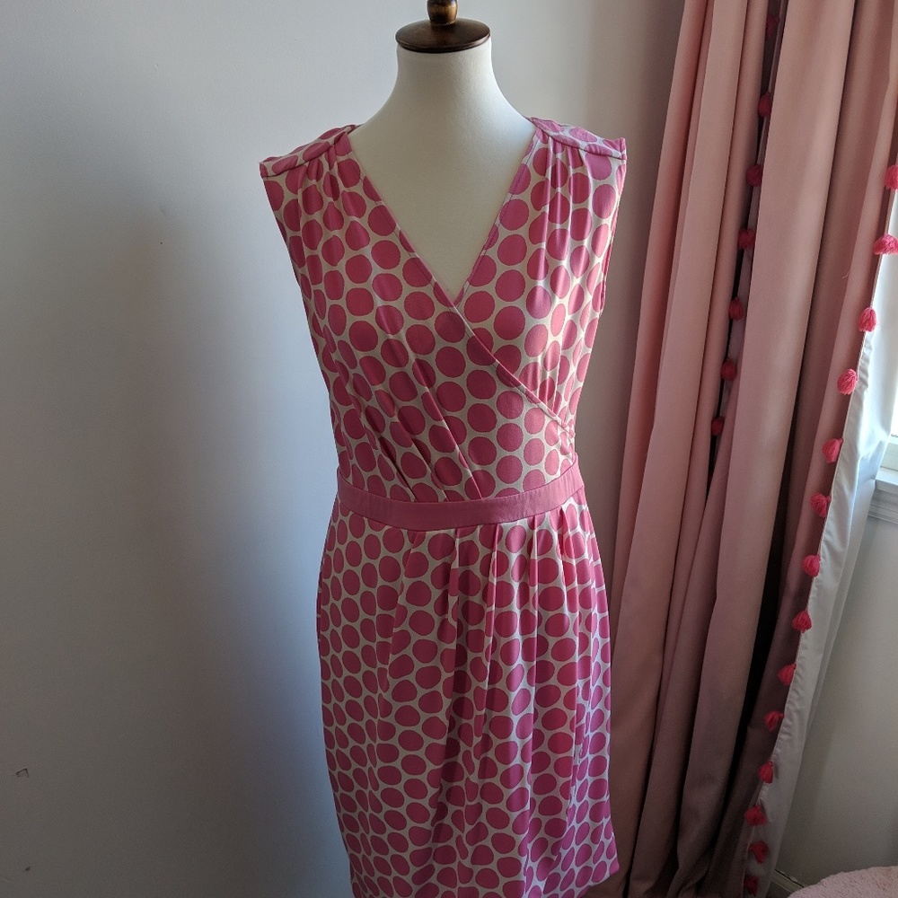 Pink polka dot knee length surplice dress
